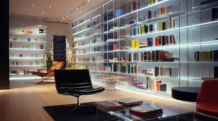 Modern library interior featuring transparent acrylic shelving and contemporary furnishings in a sleek environment