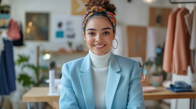 Modern fashion studio features a young designer showcasing her style and creativity with a bright smile and stylish outfit