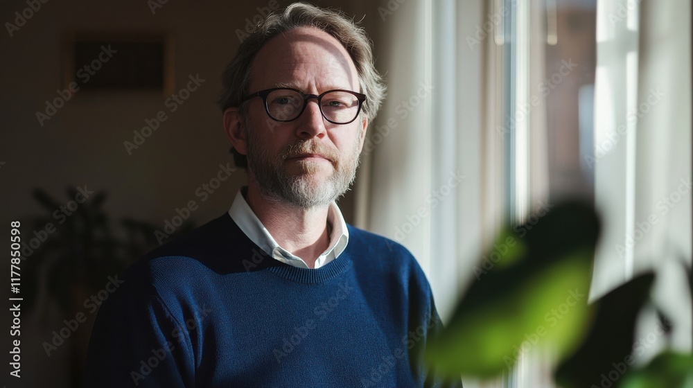 Poster middle-aged man with neatly trimmed beard stands thoughtfully by window in cozy indoor setting