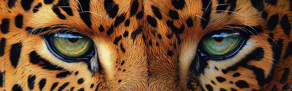 Poster detailed close-up of a leopard's face with striking patterns and captivating green eyes in natural h