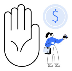 Hand gesture signaling stop near woman holding shopping bags and wallet hovering dollar sign. Ideal for financial caution, spending awareness, smart shopping, budget management, online purchases