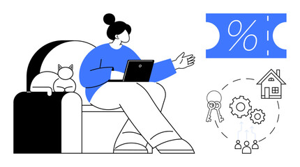 Woman sitting on a couch with a laptop, accompanied by a cat. She gestures towards a discount coupon, linked to house, keys, and gears. Ideal for home finance, remote work, real estate savings