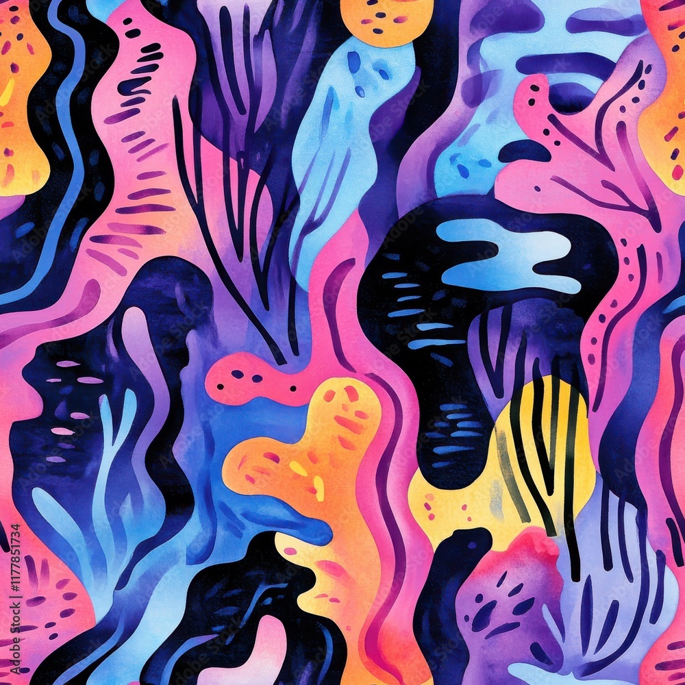 Aufkleber Colorful dynamic doodle watercolor patterns showcasing vibrant abstract forms and playful shapes in a lively artistic expression