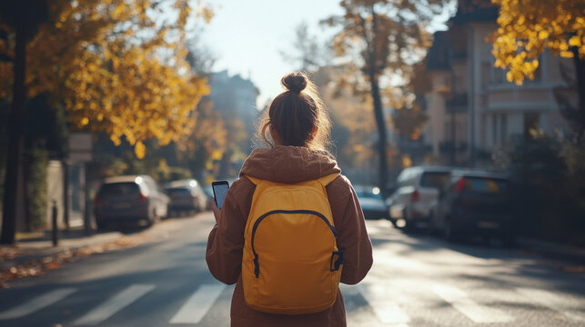 Urban Commuting: Young Woman Traveler Navigating City Streets on a Autumn Morning