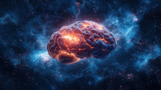 Human brain illuminated with glowing circadian rhythm patterns with night and day symbols, sleep cycles concept