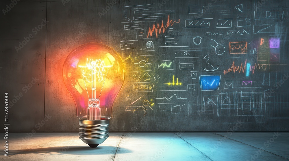 Poster dramatic digital composition of a glowing light bulb against a backdrop of bright diagrams and chart