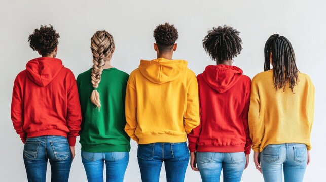 Diverse group of people wearing colorful hoodies stands together against a plain background - Powered by Adobe