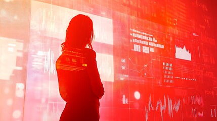 A business or financial Analyst viewing financial market data shown on a dashboard on glass screens 