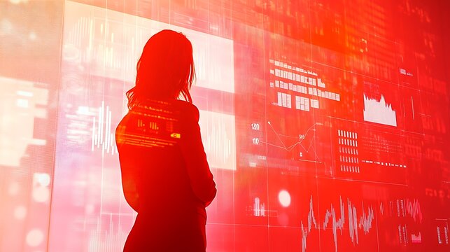 A business or financial Analyst viewing financial market data shown on a dashboard on glass screens 