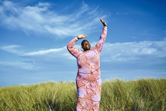 Celebrating joy and freedom on a sunny beach day