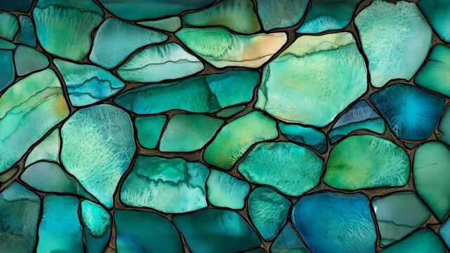 Beautiful stained glass mosaic featuring shades of green and blue in an abstract design