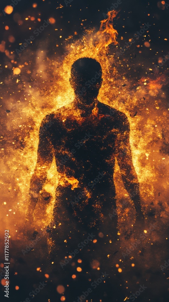 Poster glowing silhouette of a man surrounded by fiery energies in an abstract setting