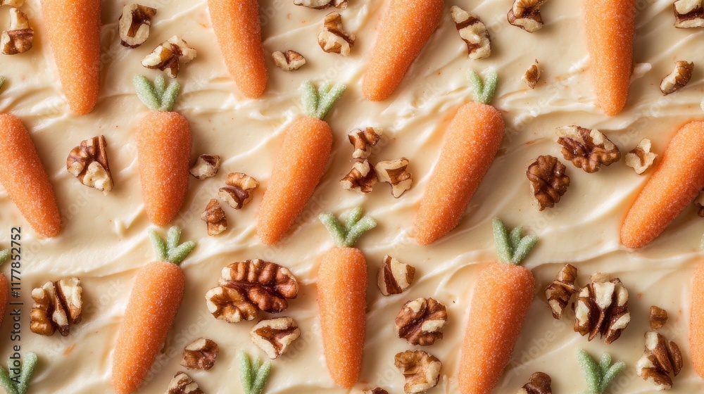 Poster Creamy carrot cake decorated with vibrant carrot toppers and crunchy walnuts on a smooth frosting surface