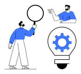 Man holding magnifying glass, another man pointing forward, lightbulb with gear. Ideal for innovation, research, strategy, problem-solving, exploration creativity new ideas. Abstract line flat
