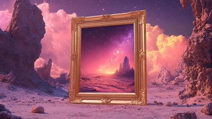 Isolated Sophisticated Gold Frame Against Cosmic Landscape Background