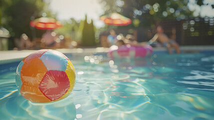 Closeup of a colorful ball floating in an idyllic swimming pool with defocused family cookout in background pool toy family vacation weekend pool party rainbow soccer ball	