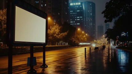 Urban Nightscene with Empty Billboard and Bus Stop, Depicting Modern City Silence and Opportunity