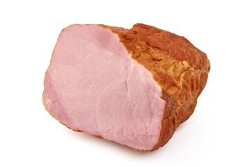 Sliced smoked pork loin, isolated on white background.
