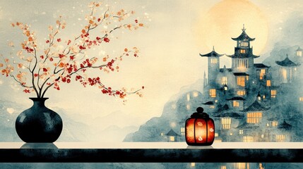 Isolated Ciplukan Garden Close Up with Lantern and Vibrant Colors