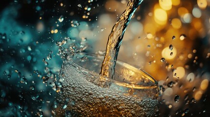 Sparkling Beverage Pouring into Glass with Glimmering Bokeh Effects