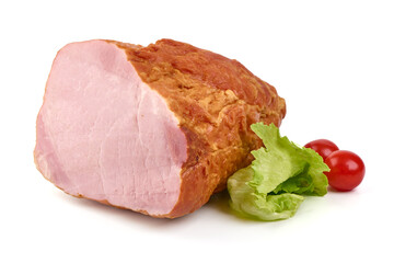Sliced smoked pork loin, isolated on white background.
