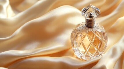 Elegant Crystal Perfume Bottle on Luxurious Golden Silk Fabric Background