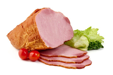 Sliced smoked pork loin, isolated on white background.