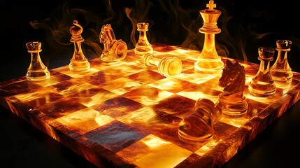 Chessboard under intense lighting with toppled king symbolizing the competitive spirit