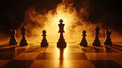 Chessboard under intense lighting with toppled king symbolizing the competitive spirit