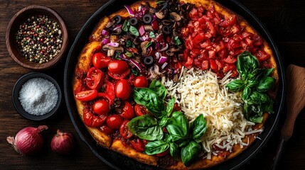 Fresh Pizza Ingredients on Wooden Table with Spices and Herbs