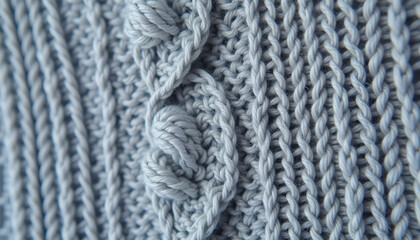 Detailed close-up of knitted light blue fabric showcasing intricate patterns