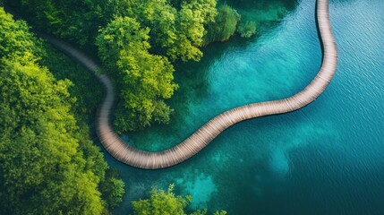 Aerial View of Serpentine Boardwalk Surrounded by Plitvice Lakes