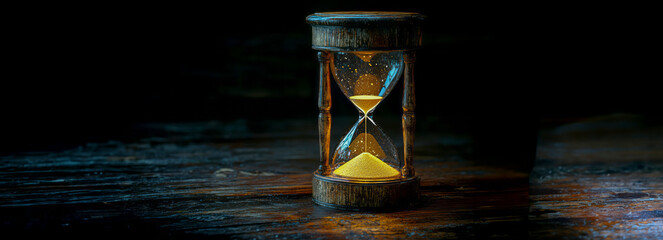 Timeless sophistication: Vintage hourglass on black background - a captivating image with space for text