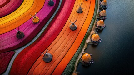 Aerial View of Colorful Tulip Fields and Windmills from Drone