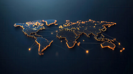 digital world map with glowing connections highlights global communication and technology. dark background emphasizes illuminated network lines, symbolizing connectivity and innovation