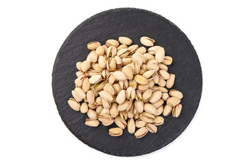 Pistachio nuts, isolated on white background. Close-up.