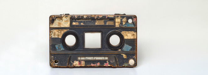 Fototapeta premium Vintage Vibe: Aged and Weathered Cassette Tape Against a Crisp White Backdrop
