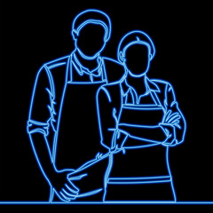 Couple in aprons, working together, cooking and home life icon neon glow vector illustration concept