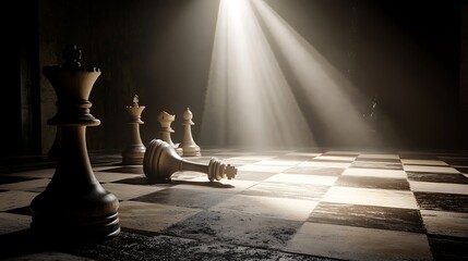 Spotlight on chessboard with fallen king symbolizing the competitive spirit