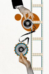 Vertical photo collage of hands hold retro tape cinematography cassette antique record radio party isolated on painted background