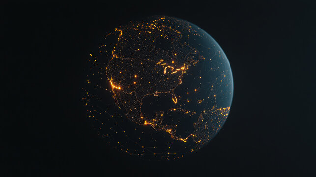 digital globe with glowing nodes represents global connectivity and data exchange, highlighting interconnectedness of continents through illuminated networks