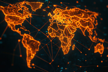 glowing digital map of world with dynamic connections highlights global trade networks and technological advancements. vibrant orange lines and nodes create futuristic and interconnected visual