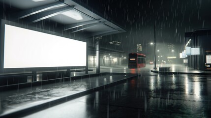 Urban Nightscene with Empty Billboard and Bus Stop, Depicting Modern City Silence and Opportunity