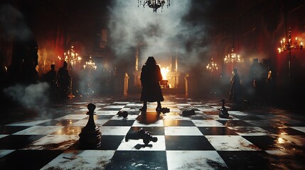 Chessboard scene under intense lighting with fallen king representing the essence of competition