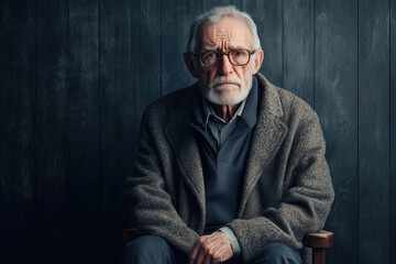 Obraz premium Portrait of an elderly man sitting in a chair, wearing glasses and casual with a coat against a dark wooden background. Copyspace concept