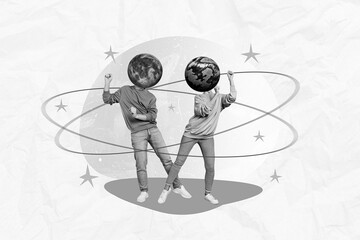 Creative collage image of two people moon planet earth instead head dancing chilling painted orbit...