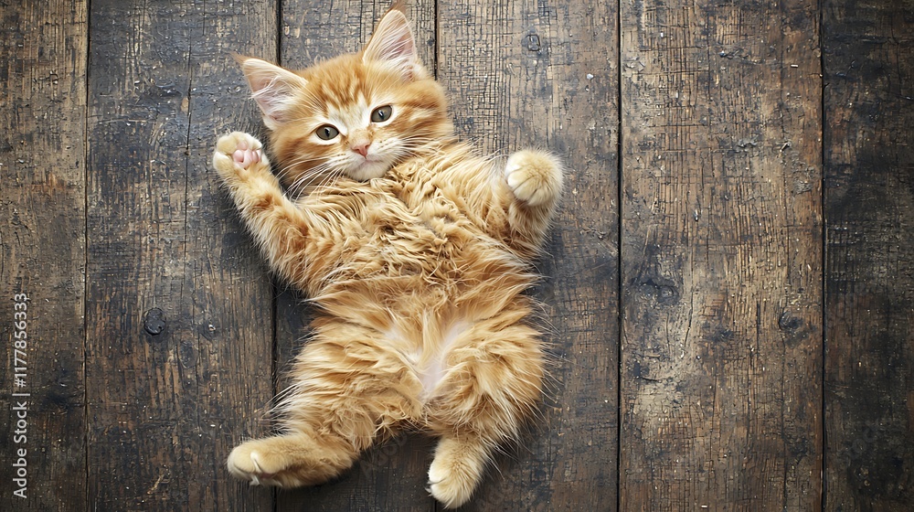 Wall mural A playful ginger kitten lying on a wooden surface, showcasing its fluffy fur and cute pose.