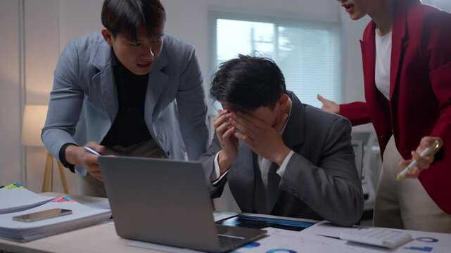 Corporate executives displaying intense workplace tension while arguing over failed project strategy during high pressure business meeting