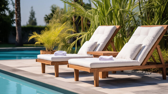A Couple Of Pool Chairs On The Side Of A Swimming Pool