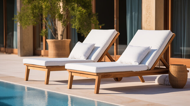 A Couple Of Pool Chairs On The Side Of A Swimming Pool
